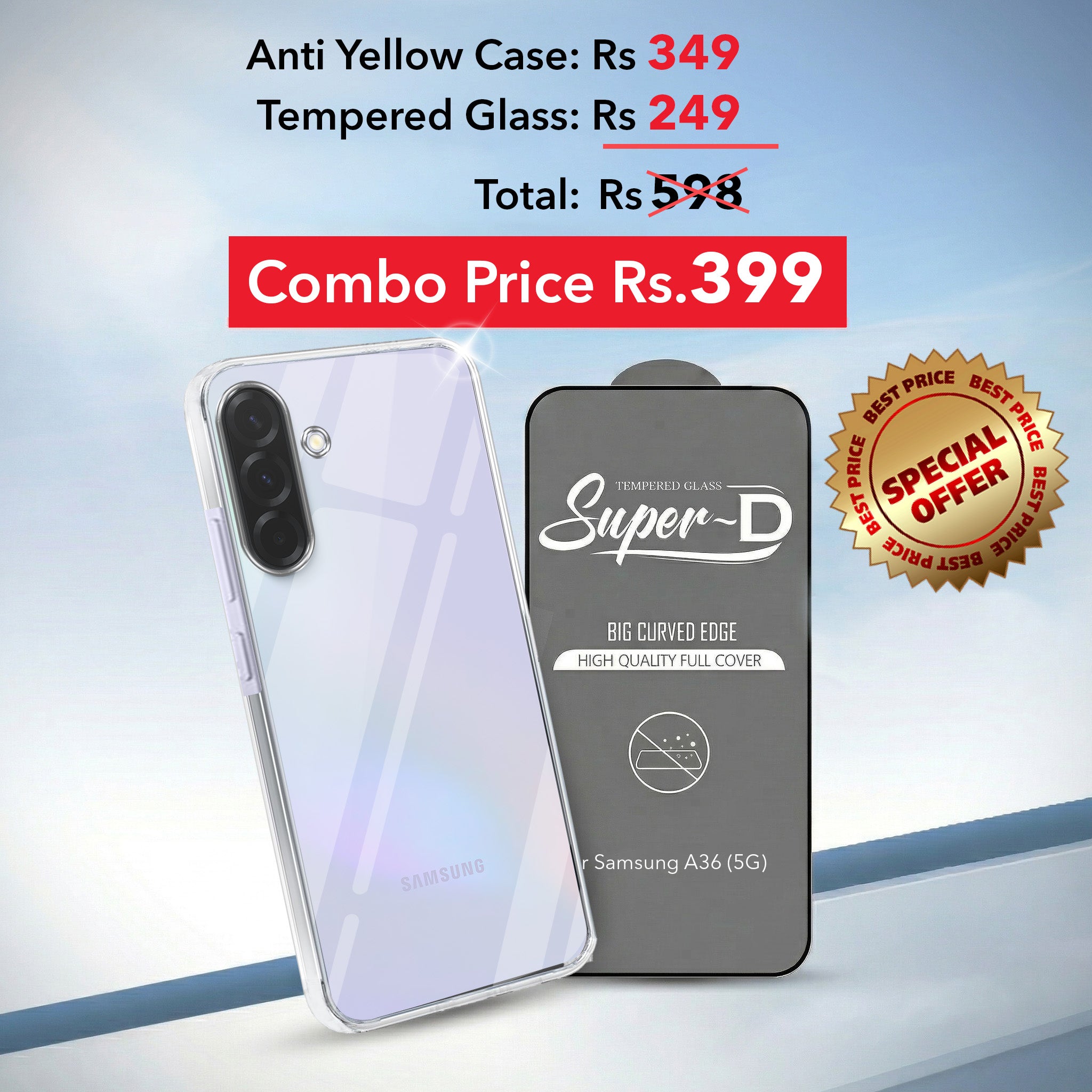 For Samsung Galaxy A36 5G Combo with Back Cover and 9H Tempered Glass (Lifetime Anti-Yellow | Sleek Hard Crystal | Oleophobic Coating Screen Glass)