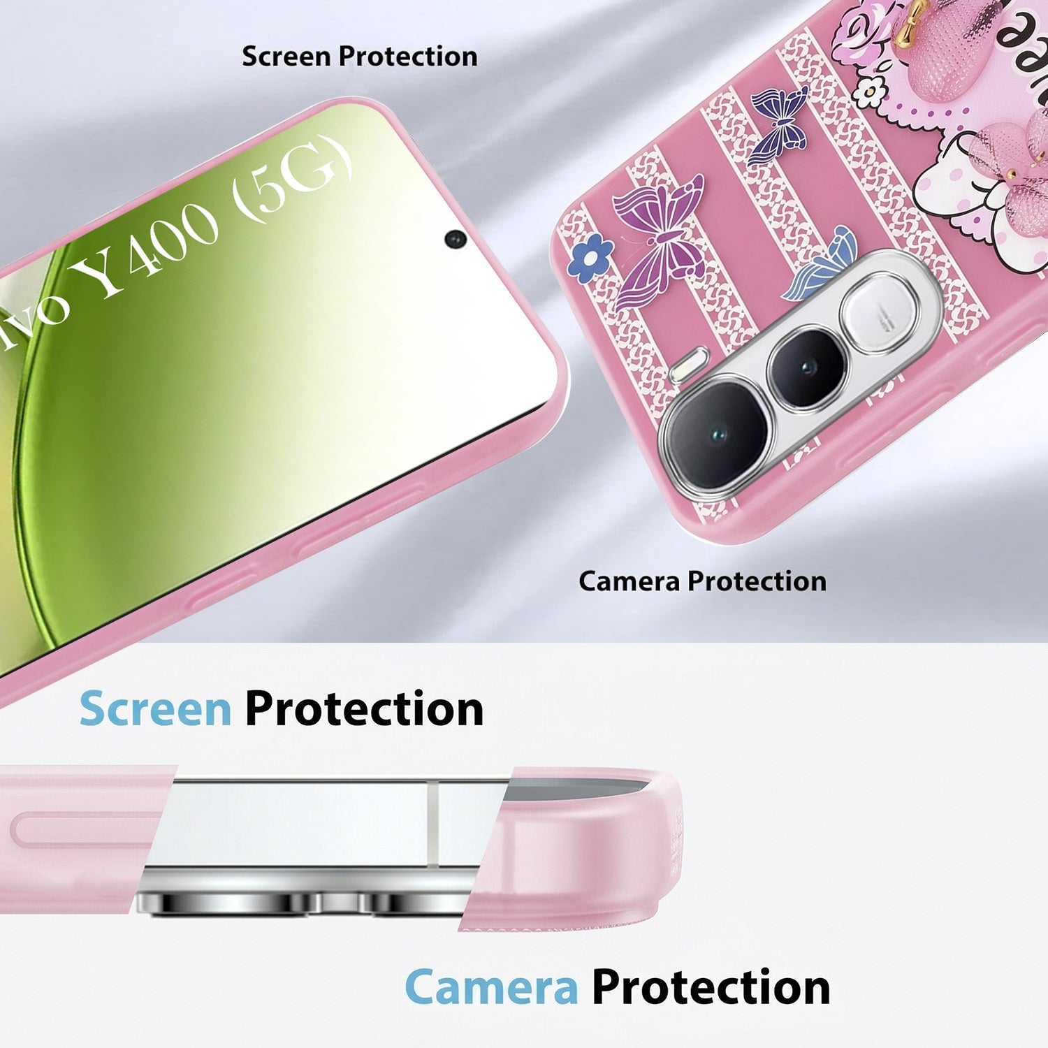 For Vivo Y400 Back Cover Case (3D Cute Heart Strap Holder | Camera Protection | Designer Girls Print)
