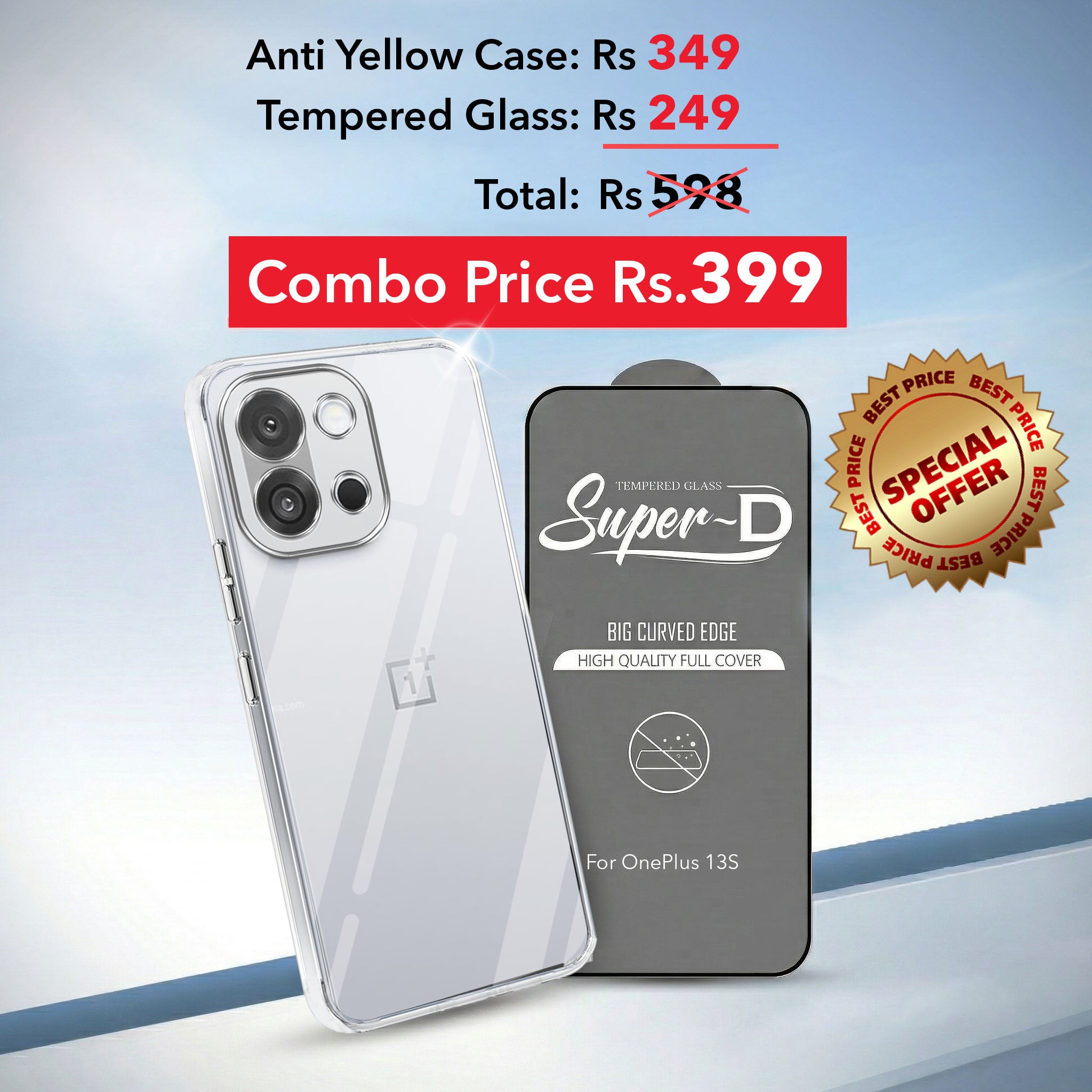 For OnePlus 13S Combo with Back Cover and 9H Tempered Glass (Lifetime Anti-Yellow | Sleek Hard Crystal | Oleophobic Coating Screen Glass)