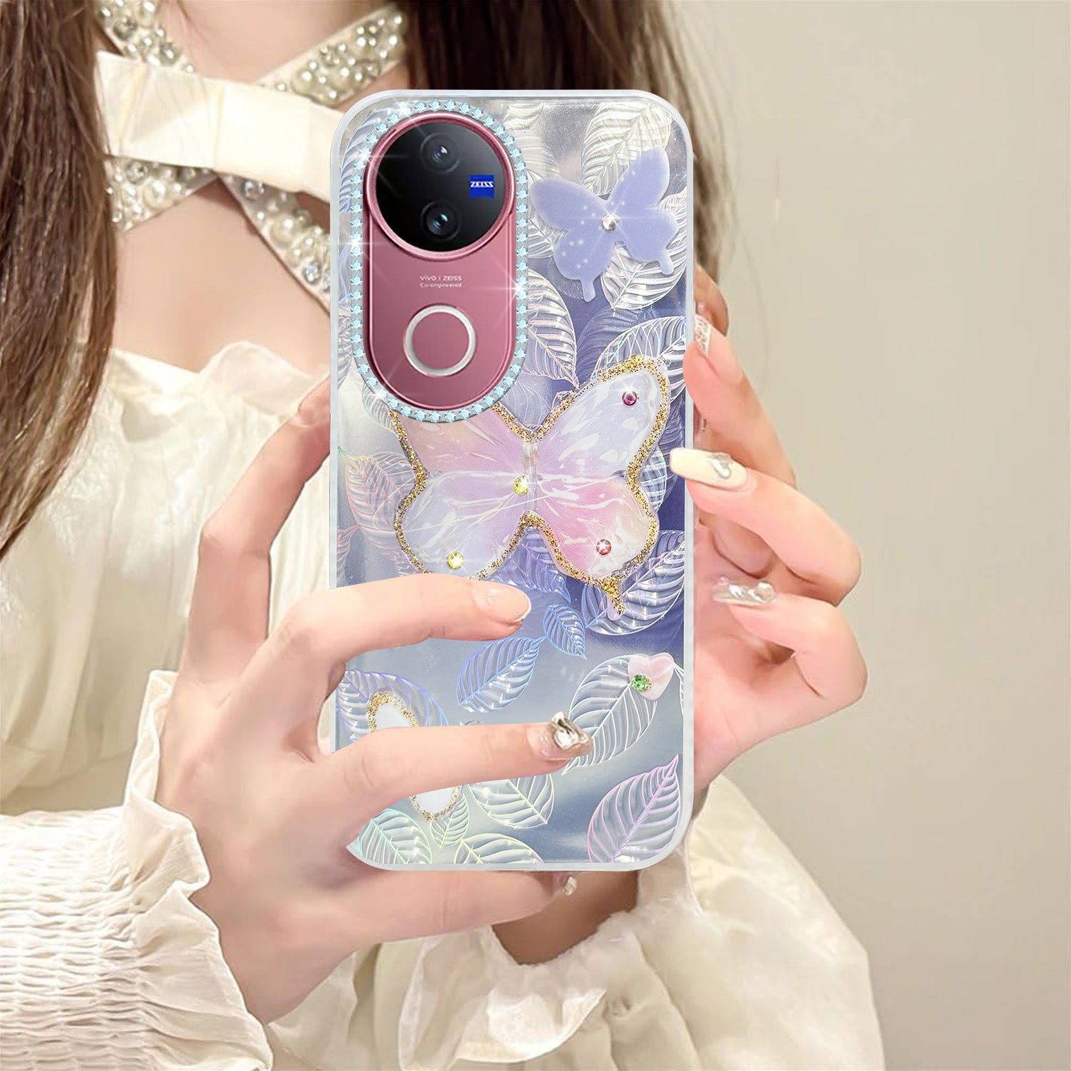 For Vivo V50 | Vivo V50e Back Cover Case (Luxury Floral Glitter Cute Butterfly | Diamond Studded Camera Bump | Girls & Women Design)