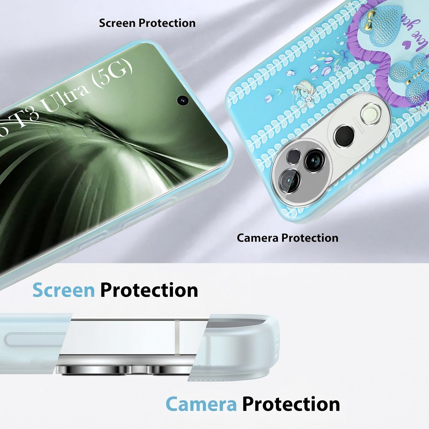 For Vivo T3 Ultra Back Cover Case (3D Cute Heart Strap Holder | Camera Protection | Designer Girls Print)
