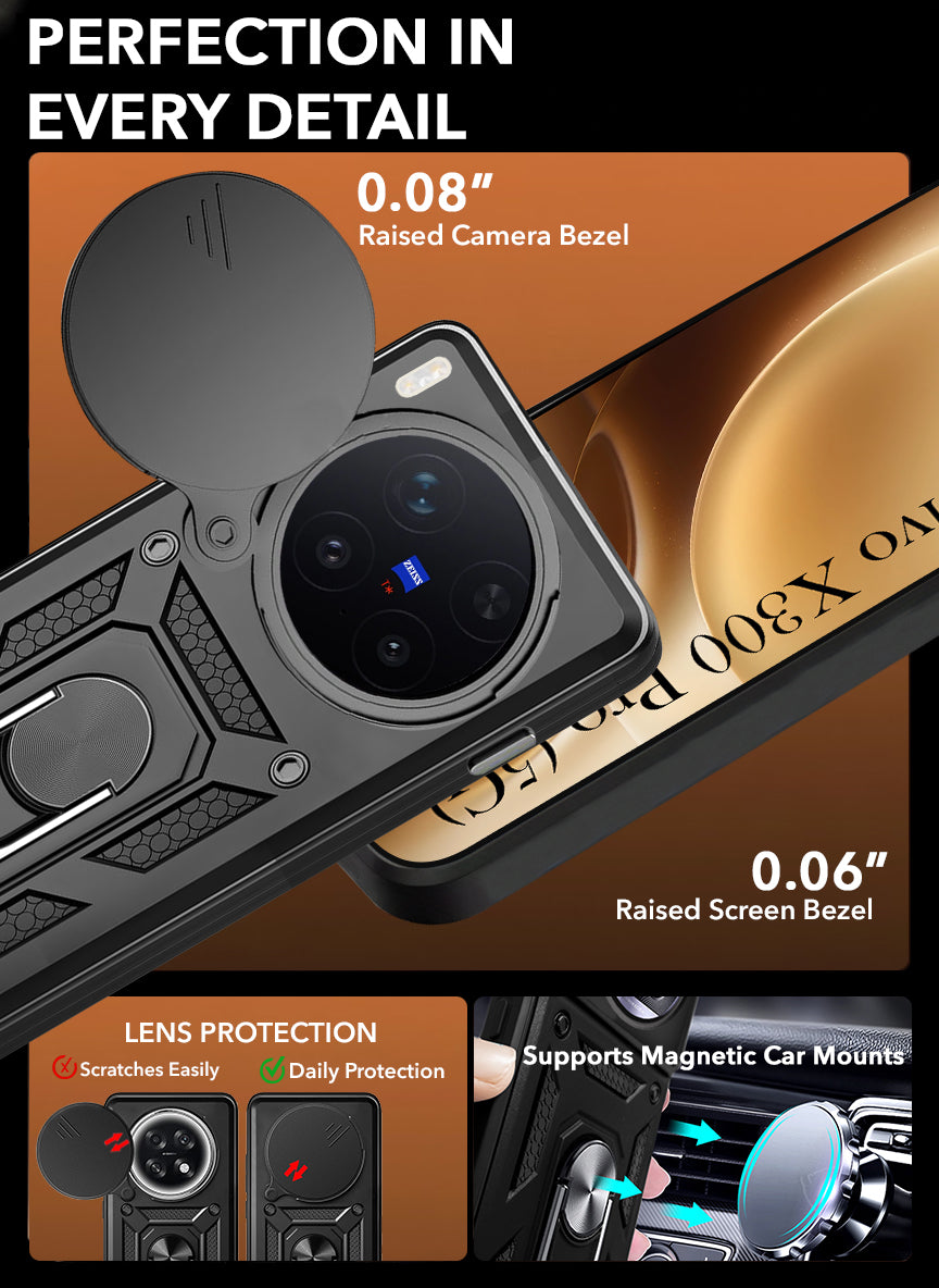 For Vivo X300 Pro Back Cover Case Hybrid Armor (Sliding Shutter Camera Protection | Polycarbonate |Ring Holder Kickstand)