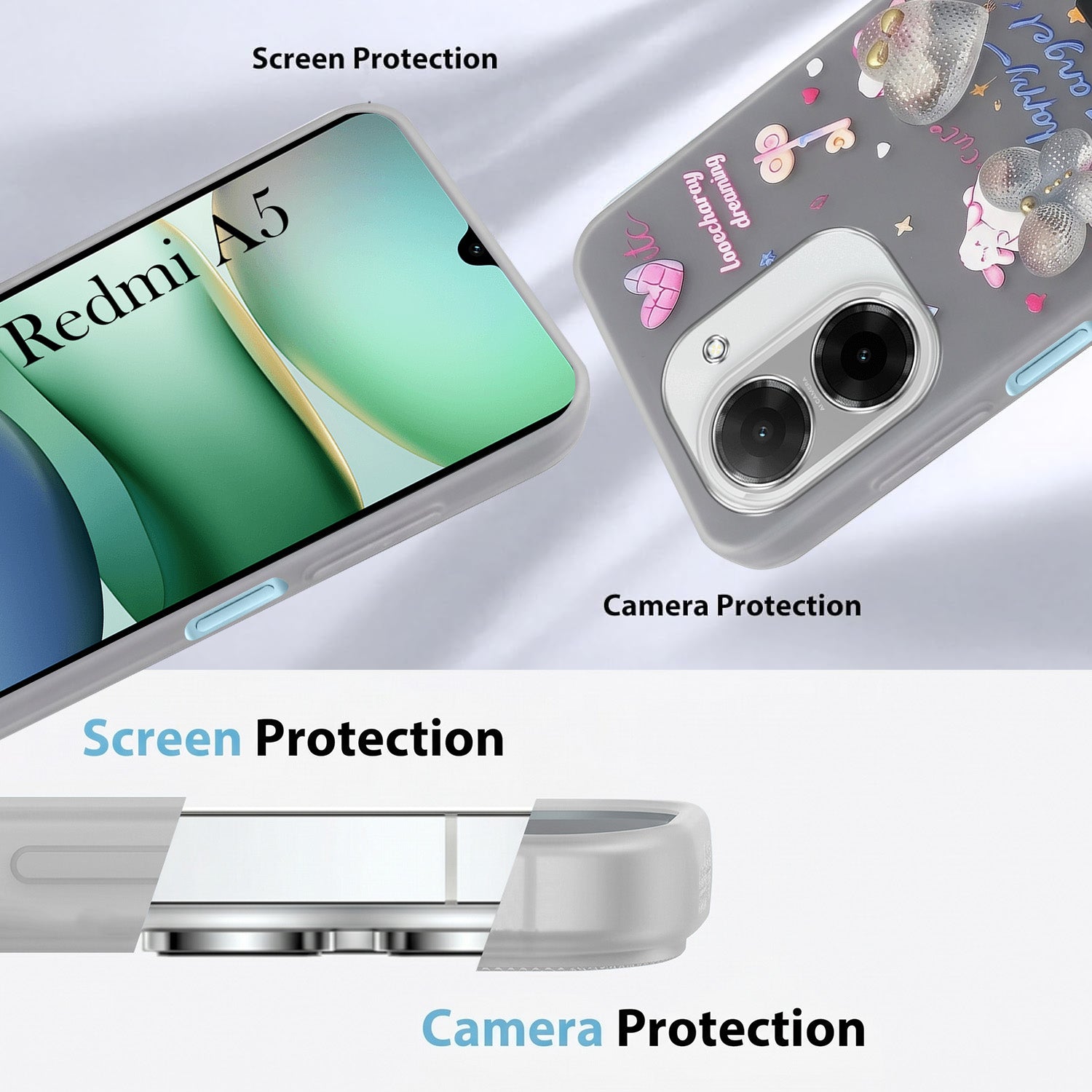 For Redmi A5 4G Back Cover Case (3D Cute Heart Strap Holder | Camera Protection | Designer Girls Print)