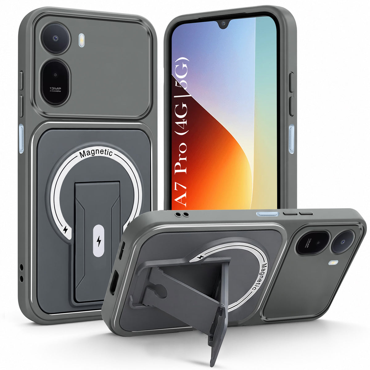 For Redmi A7 Pro 4G|5G Back Case Cover Metallic (Hybrid Armor Kickstand | MagSafe Compatible | Camera Protection Shockproof)