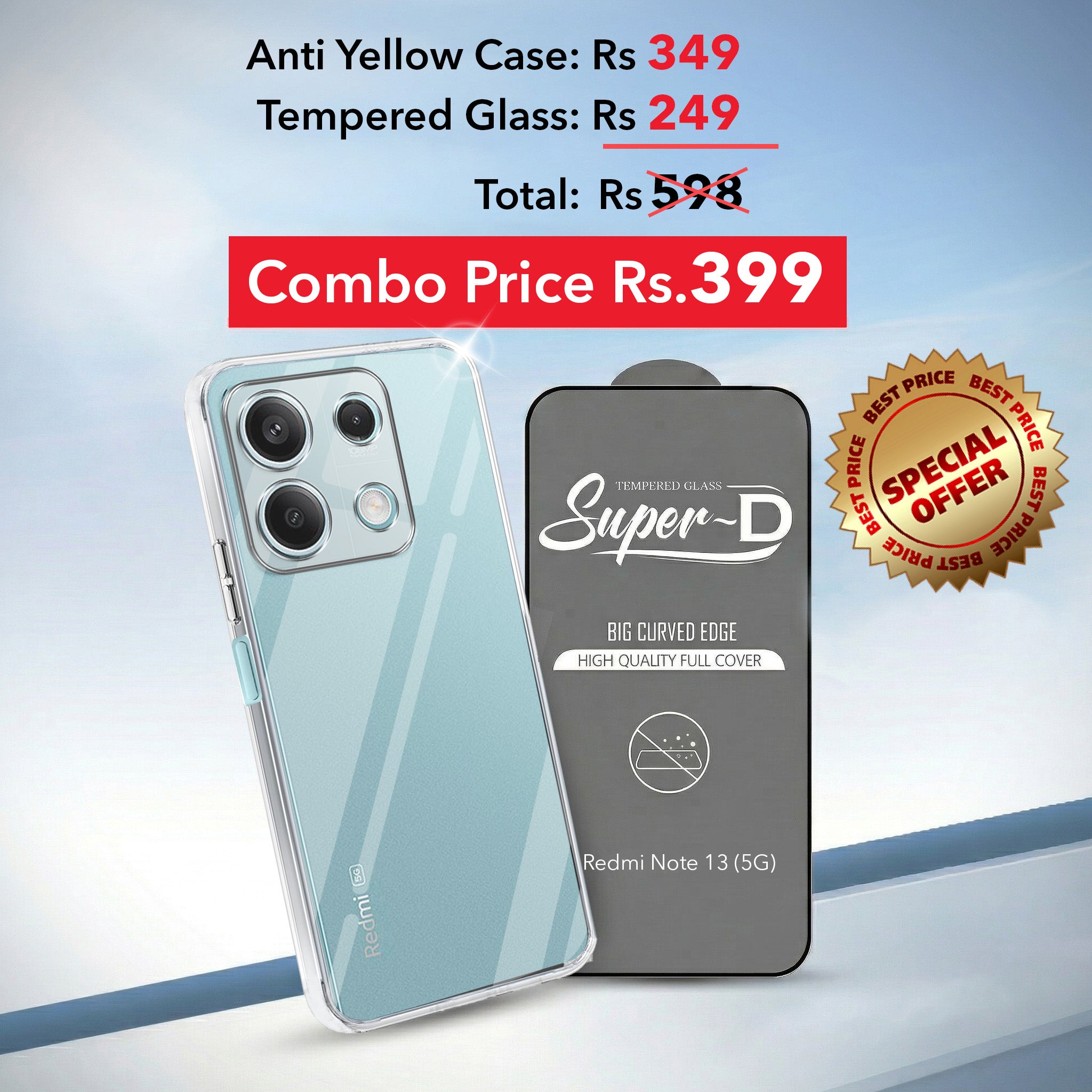 For Xiaomi Redmi Note 13 5G Combo with Back Cover and 9H Tempered Glass (Lifetime Anti-Yellow | Sleek Hard Crystal | Oleophobic Coating Screen Glass)