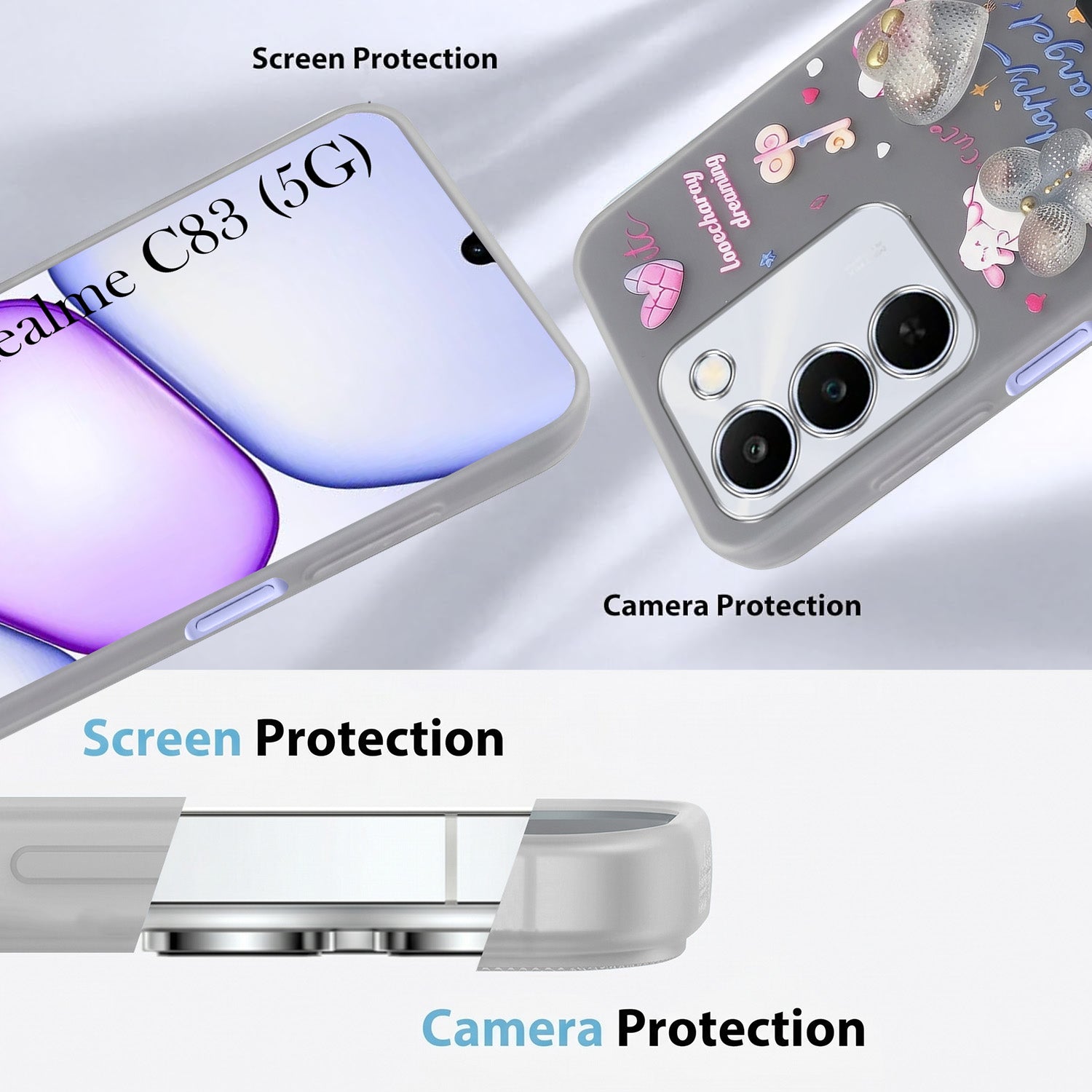 For Realme C83 5G Back Cover Case (3D Cute Heart Strap Holder | Camera Protection | Designer Girls Print)