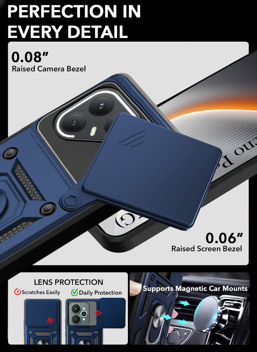 For Tecno Pova 7 Pro 5G Back Cover Case Hybrid Armor (Sliding Shutter Camera Protection | Polycarbonate |Ring Holder Kickstand)