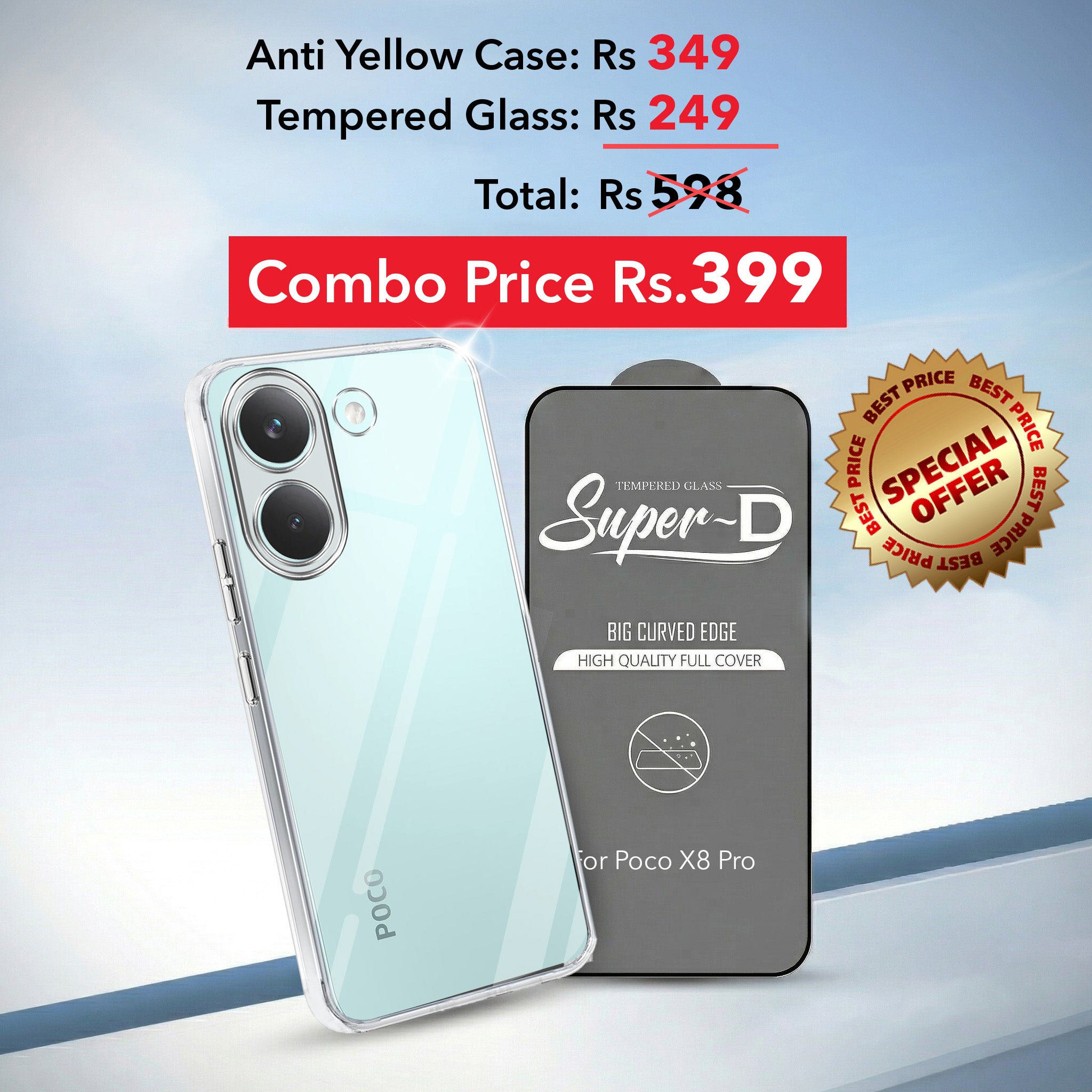 For Poco X8 Pro Combo with Back Cover and 9H Tempered Glass (Lifetime Anti-Yellow | Sleek Hard Crystal | Oleophobic Coating Screen Glass)