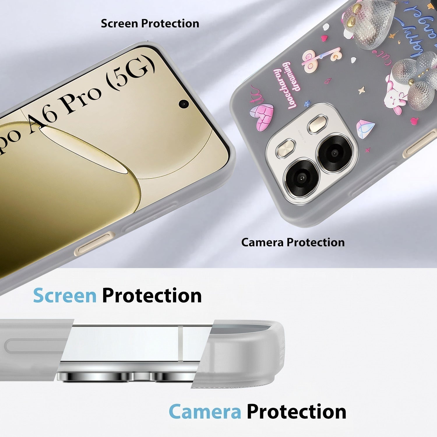 For Oppo A6 Pro Back Cover Case (3D Cute Heart Strap Holder | Camera Protection | Designer Girls Print)