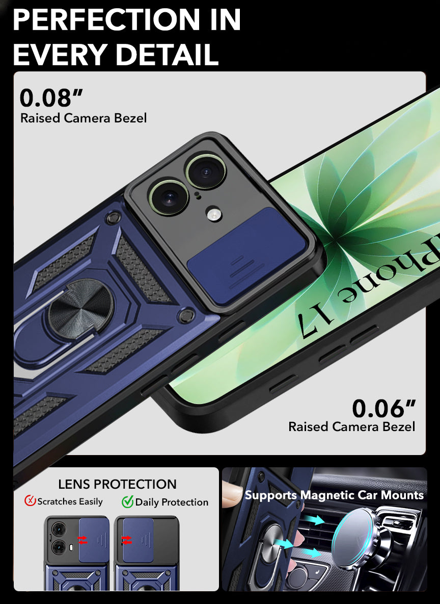 For Apple iPhone 17 Back Cover Case (Sliding Shutter Camera Protection | Polycarbonate |Ring Holder Kickstand)