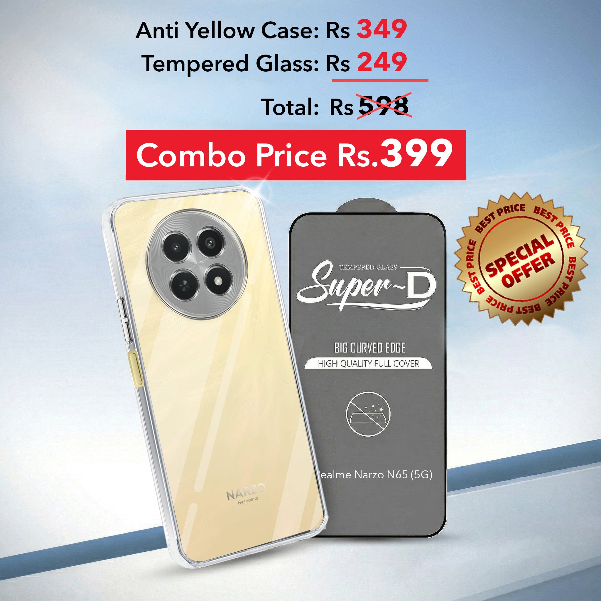 For Realme Narzo N65 5G Combo with Back Cover and 9H Tempered Glass (Lifetime Anti-Yellow | Sleek Hard Crystal | Oleophobic Coating Screen Glass)