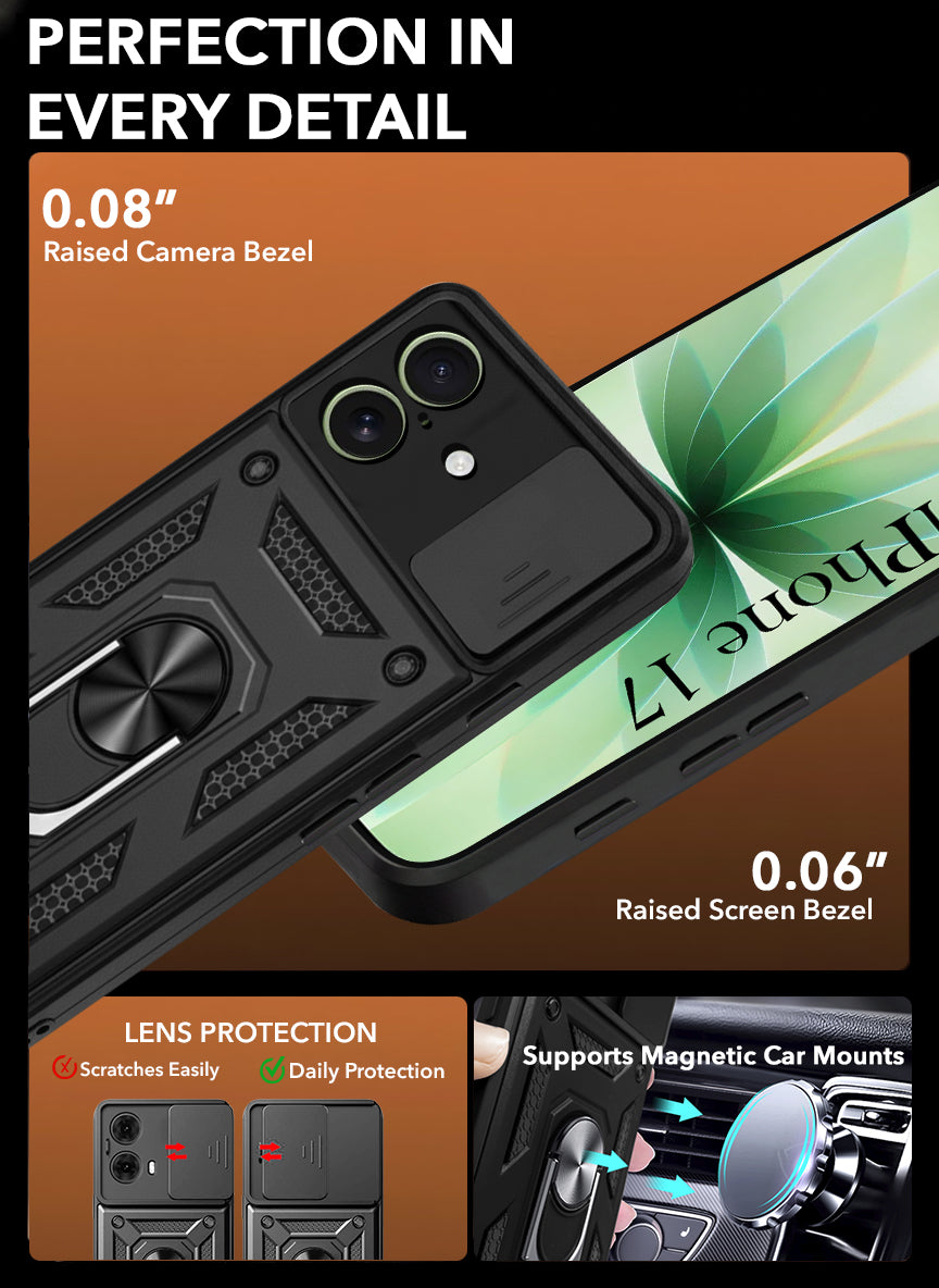 For Apple iPhone 17 Back Cover Case (Sliding Shutter Camera Protection | Polycarbonate |Ring Holder Kickstand)