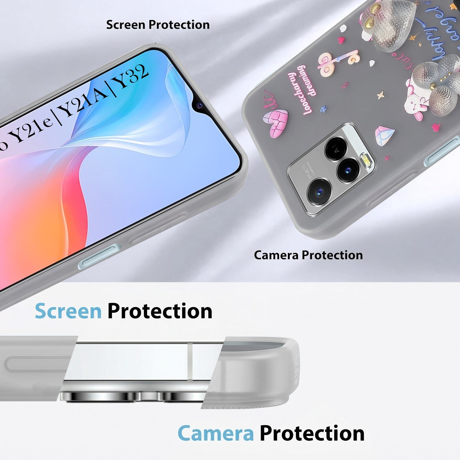 For Vivo Y21e | Vivo Y21A | Vivo Y32 Back Cover Case (3D Cute Heart Strap Holder | Camera Protection | Designer Girls Print)