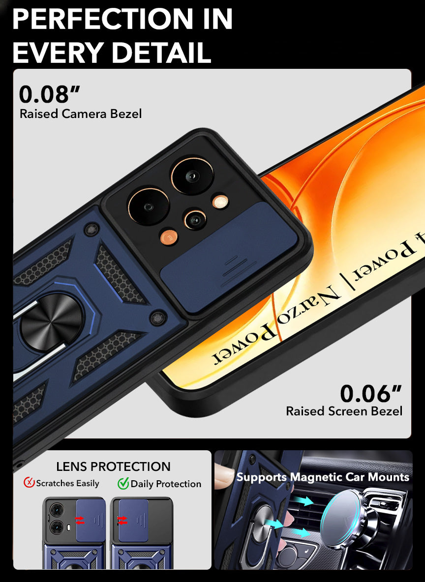 For Realme P4 Power 5G | Realme Narzo Power Back Cover Case Hybrid Armor (Sliding Shutter Camera Protection | Polycarbonate |Ring Holder Kickstand)