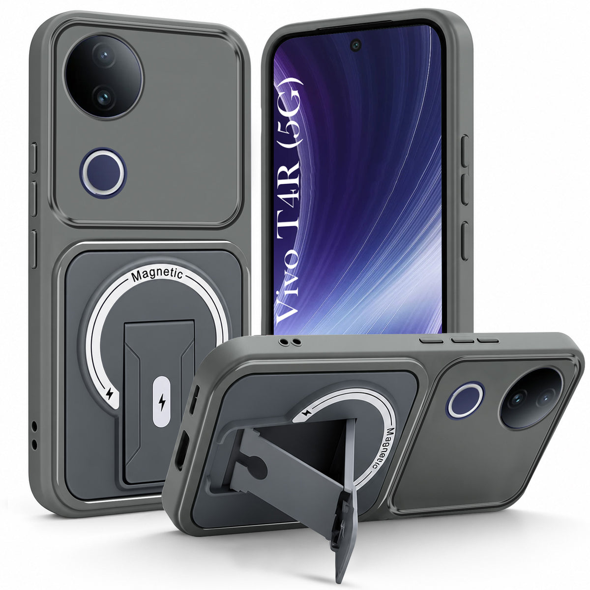 For Vivo T4R Back Case Cover Metallic (Hybrid Armor Kickstand | MagSafe Compatible | Camera Protection Shockproof)