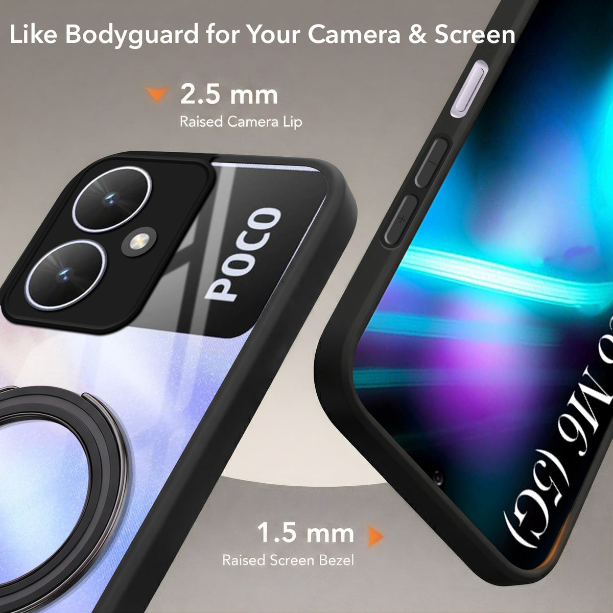 For Poco M6 5G Back Cover Case (Kick Stand Ring Holder | Life time Anti Yellow | Camera Protection)