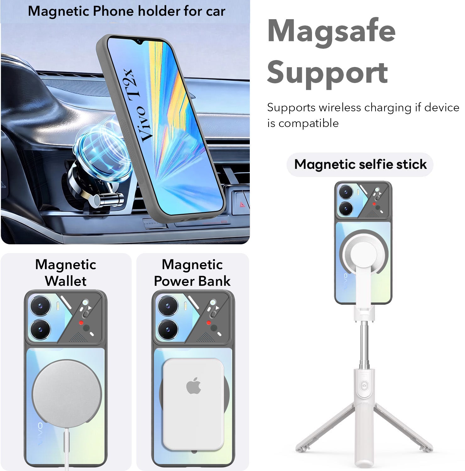 For Vivo T2x Back Cover Case Lifetime Anti-Yellow Clear (Camera Protection | Side Grip | Wireless MagSafe Compatible)