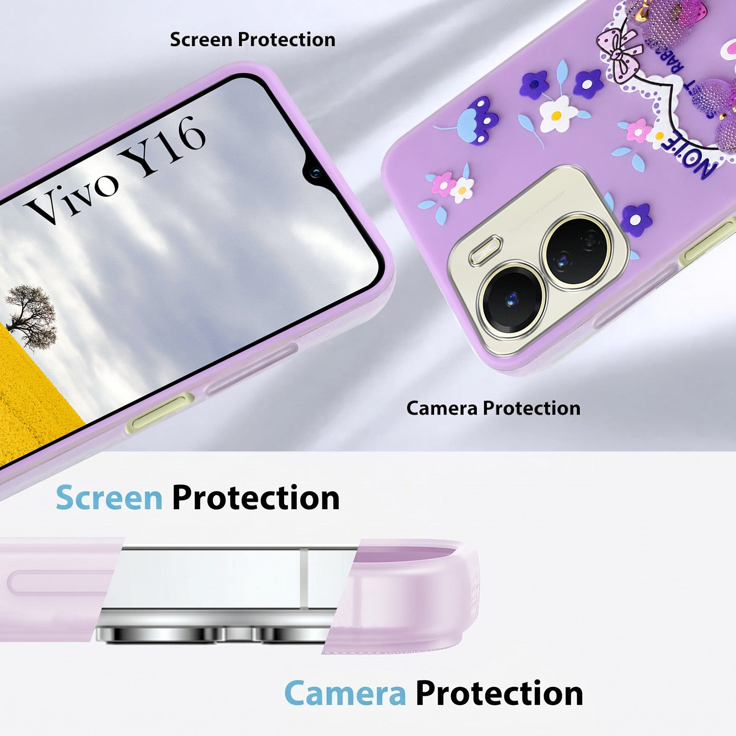 For Vivo Y16 Back Cover Case (3D Cute Heart Strap Holder | Camera Protection | Designer Girls Print)