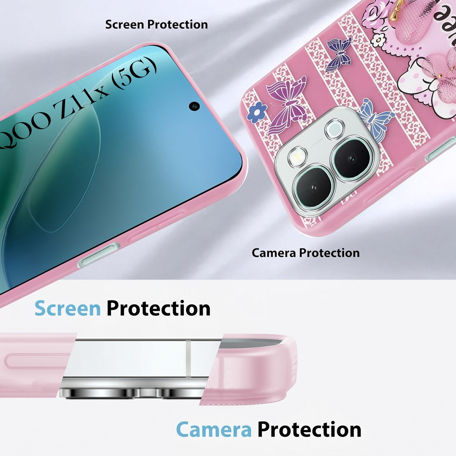 For iQOO Z11x 5G Back Cover Case (3D Cute Heart Strap Holder | Camera Protection | Designer Girls Print)