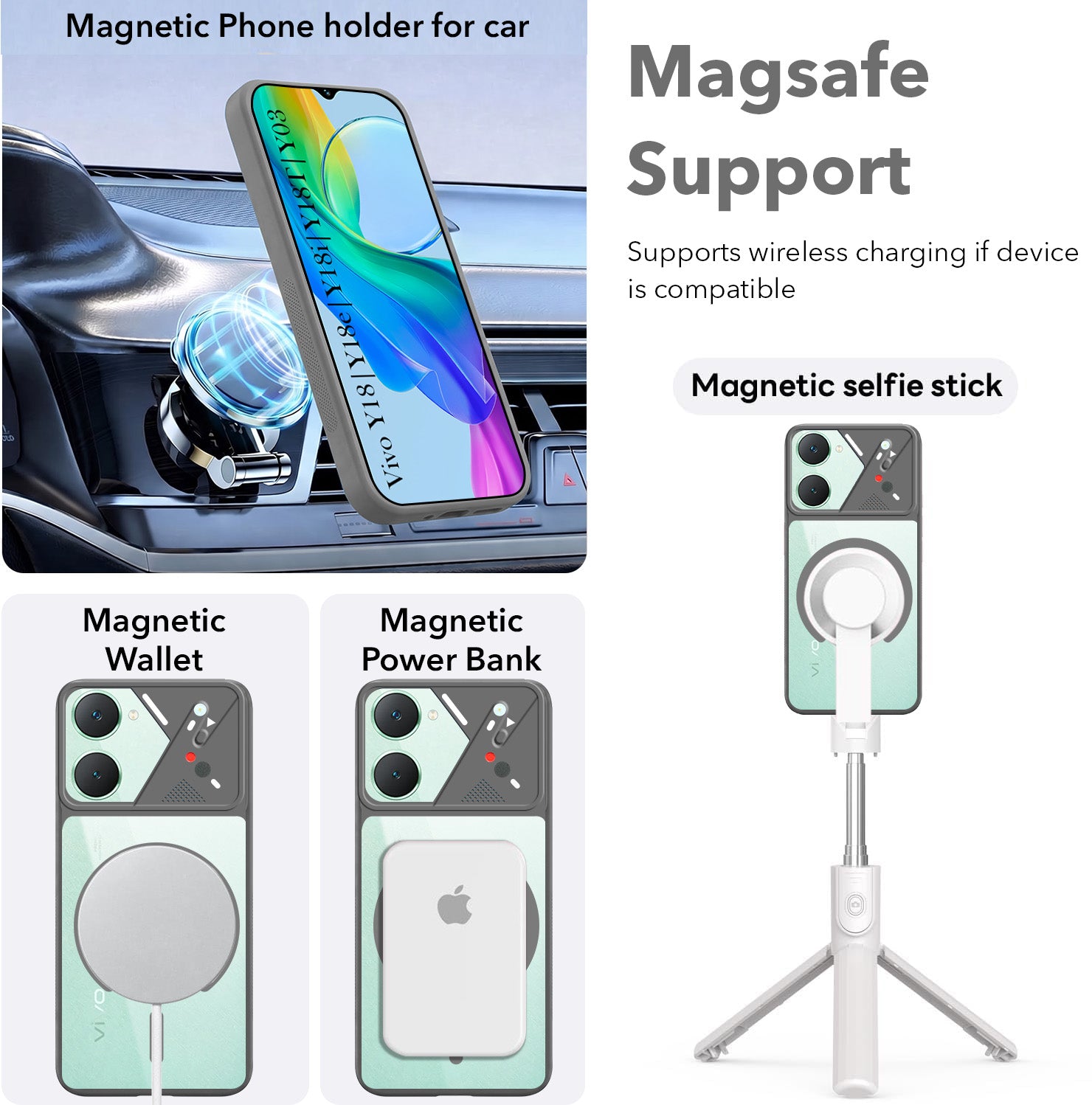For Y18 | Vivo Y18e | Vivo Y03 | Vivo Y18i | Vivo Y18T Back Cover Case Lifetime Anti-Yellow Clear (Camera Protection | Side Grip | Wireless MagSafe Compatible)