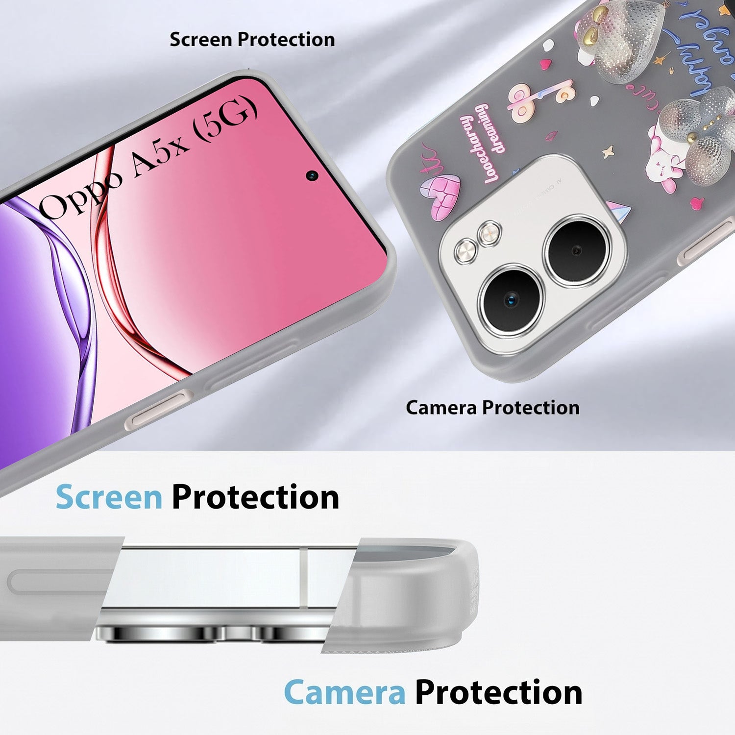 For Oppo A5X Back Cover Case (3D Cute Heart Strap Holder | Camera Protection | Designer Girls Print)