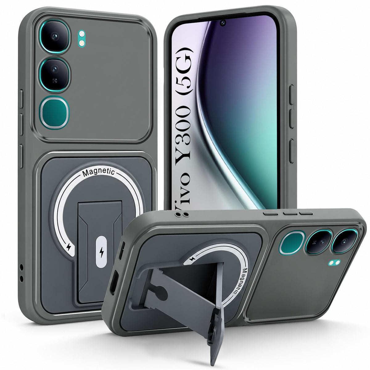 For Vivo Y300 Back Case Cover Metallic (Hybrid Armor Kickstand | MagSafe Compatible | Camera Protection Shockproof)