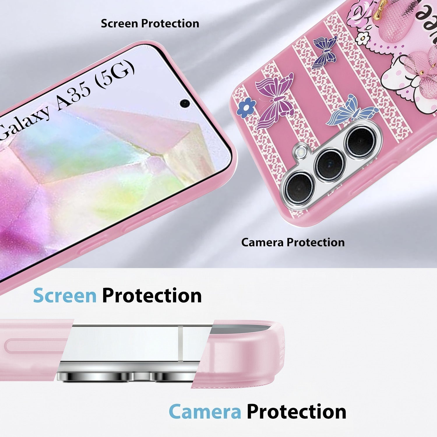 For Samsung Galaxy A35 5G Back Cover Case (3D Cute Heart Strap Holder | Camera Protection | Designer Girls Print)