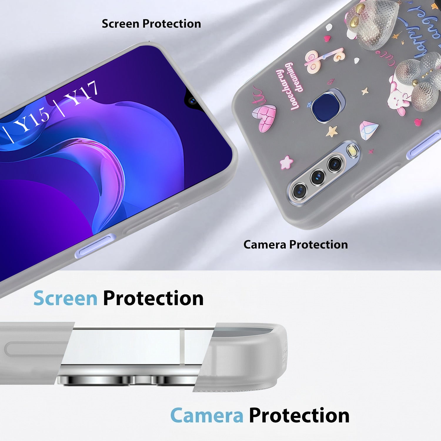 For Vivo Y12 | Y15 | Y17 Back Cover Case (3D Cute Heart Strap Holder | Camera Protection | Designer Girls Print)