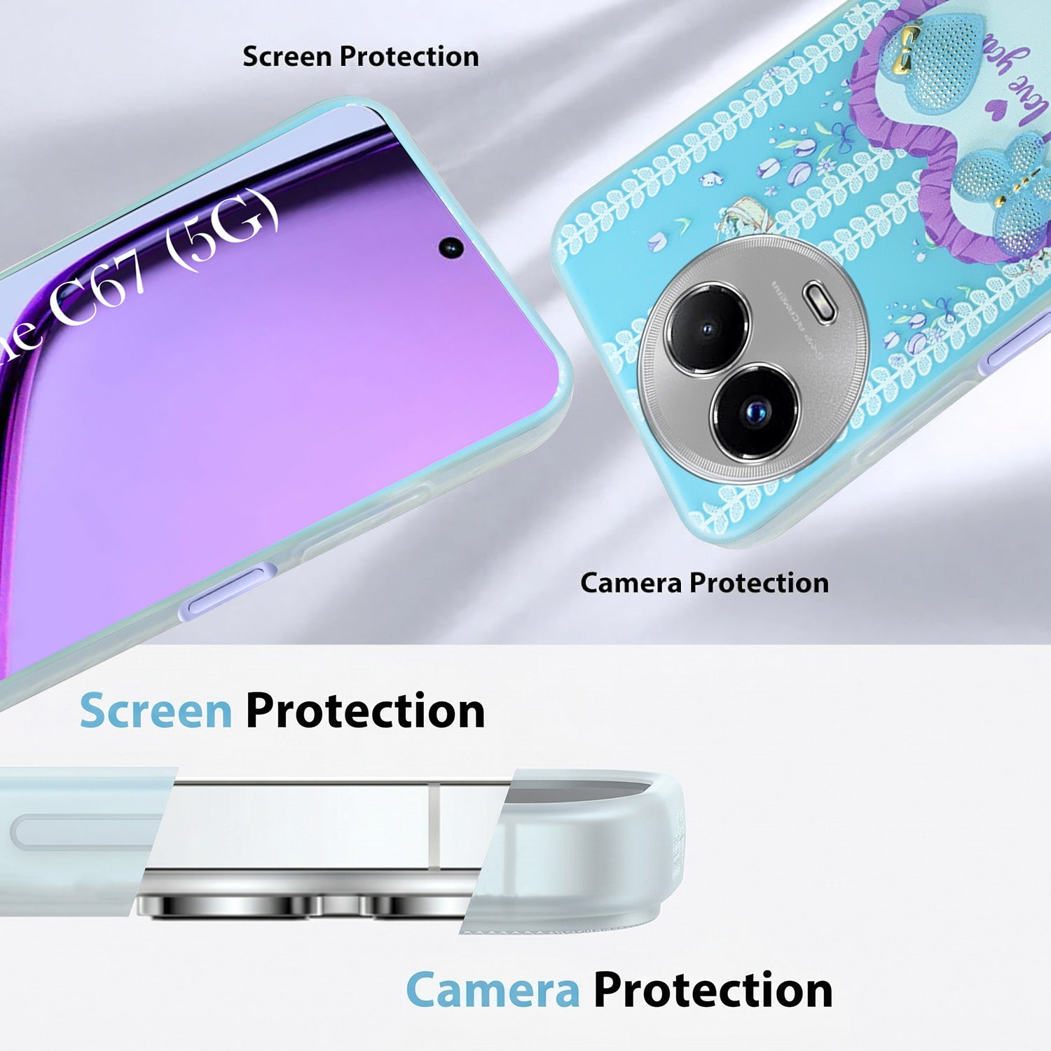 For Realme C67 Back Cover Case (3D Cute Heart Strap Holder | Camera Protection | Designer Girls Print)