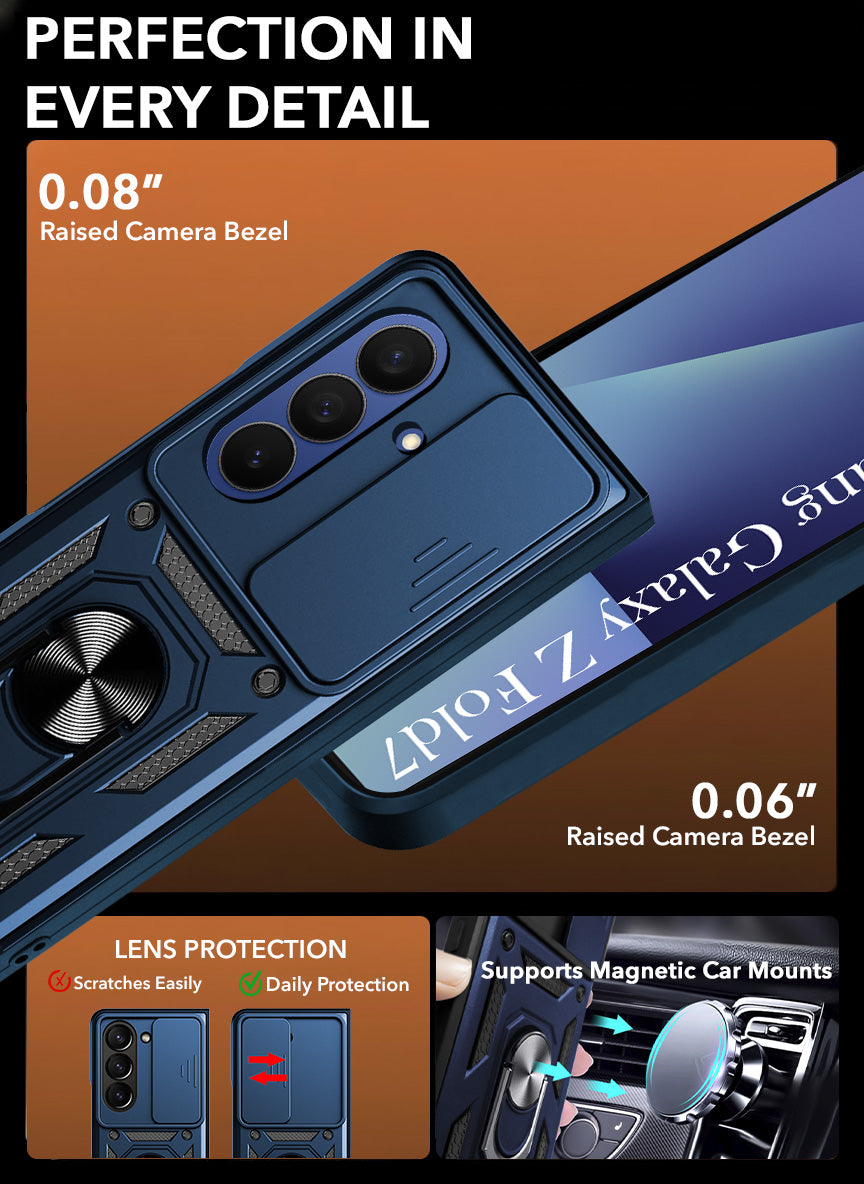 For Samsung Galaxy Z Fold 7 Back Cover Case Hybrid Armor (Sliding Shutter Camera Protection | Polycarbonate |Ring Holder Kickstand)