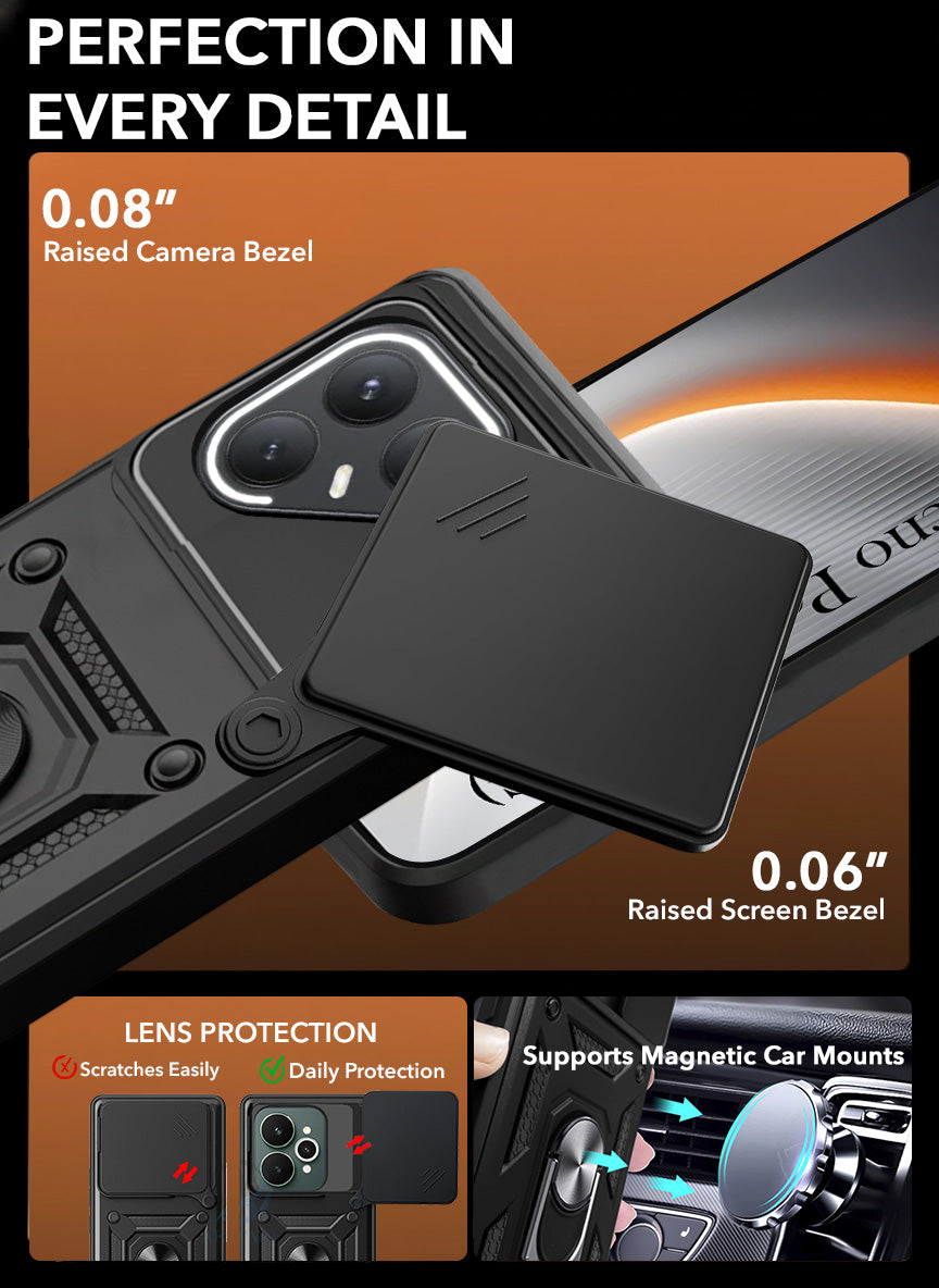 For Tecno Pova 7 Pro 5G Back Cover Case Hybrid Armor (Sliding Shutter Camera Protection | Polycarbonate |Ring Holder Kickstand)