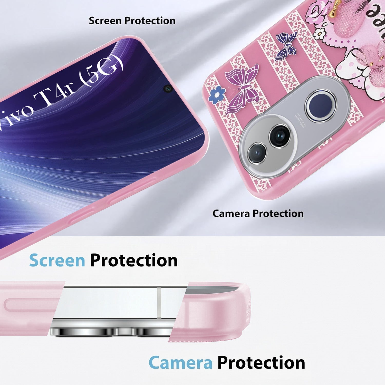 For Vivo T4R  Back Cover Case (3D Cute Heart Strap Holder | Camera Protection | Designer Girls Print)