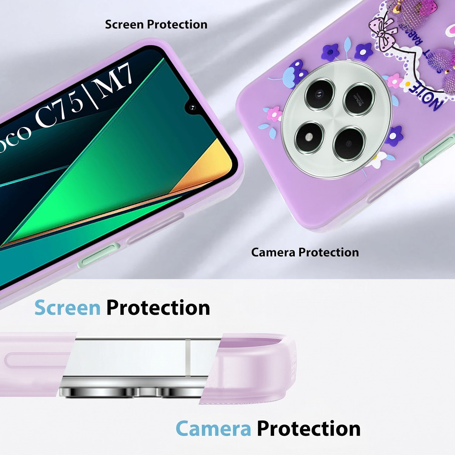 For Poco C75 | Poco M7 Back Cover Case (3D Cute Heart Strap Holder | Camera Protection | Designer Girls Print)
