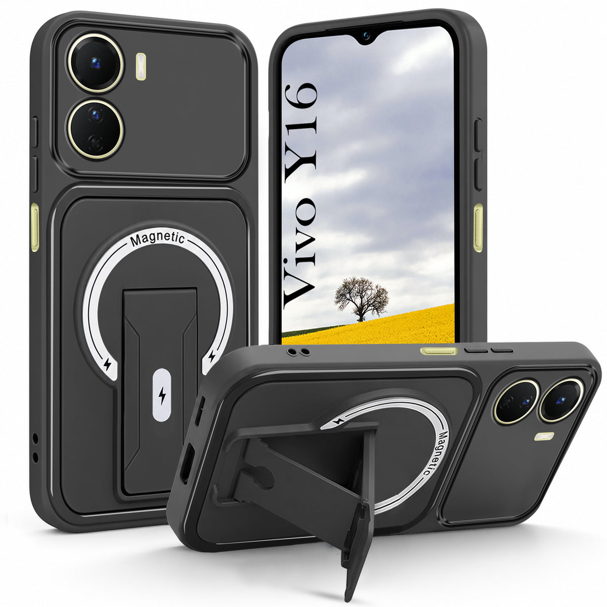 For Vivo Y16 Back Case Cover Metallic (Hybrid Armor Kickstand | MagSafe Compatible | Camera Protection Shockproof)