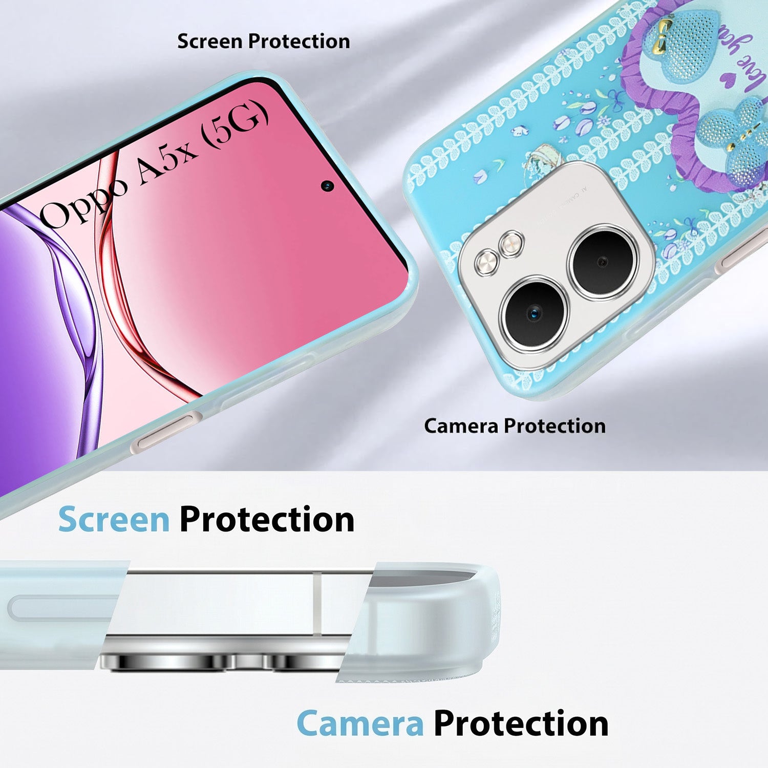 For Oppo A5X Back Cover Case (3D Cute Heart Strap Holder | Camera Protection | Designer Girls Print)