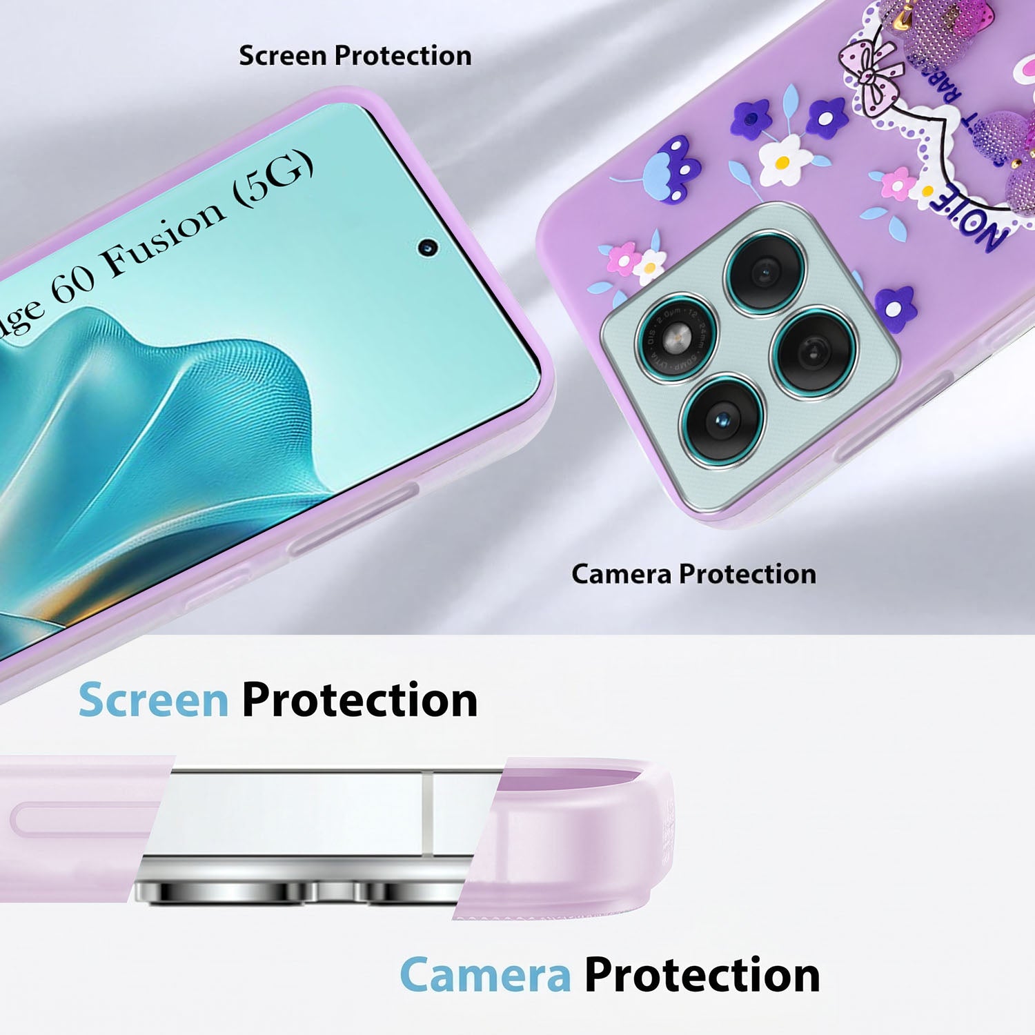For Motorola Moto Edge 60 Fusion Back Cover Case (3D Cute Heart Strap Holder | Camera Protection | Designer Girls Print)