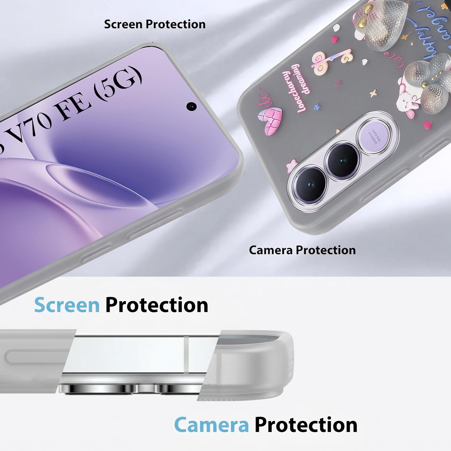 For Vivo V70 FE 5G Back Cover Case (3D Cute Heart Strap Holder | Camera Protection | Designer Girls Print)