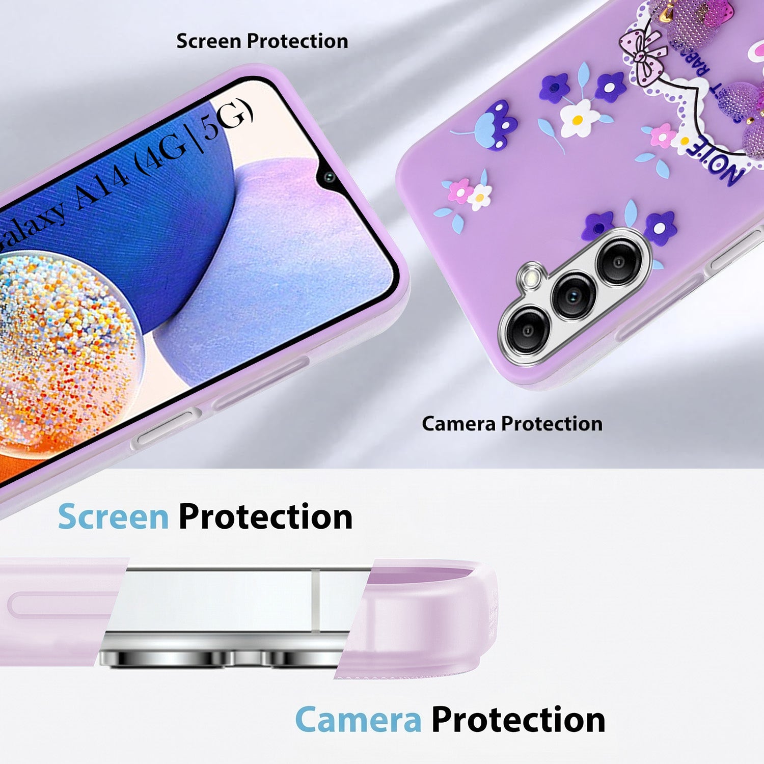 For Samsung Galaxy A14 4G | 5G Back Cover Case (3D Cute Heart Strap Holder | Camera Protection | Designer Girls Print)