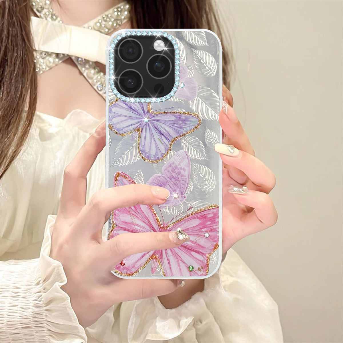 For iPhone 16 Pro Max Back Cover Case (Luxury Floral Glitter Cute Butterfly | Diamond Studded Camera Bump | Girls & Women Design)