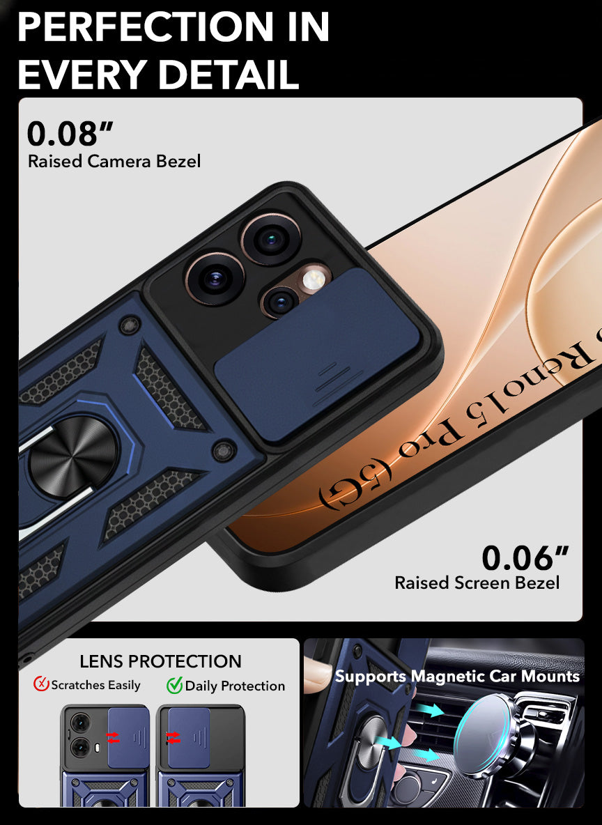 For Oppo Reno15 Pro 5G | Oppo Reno 15 Pro 5G Back Cover Case Hybrid Armor (Sliding Shutter Camera Protection | Polycarbonate |Ring Holder Kickstand)