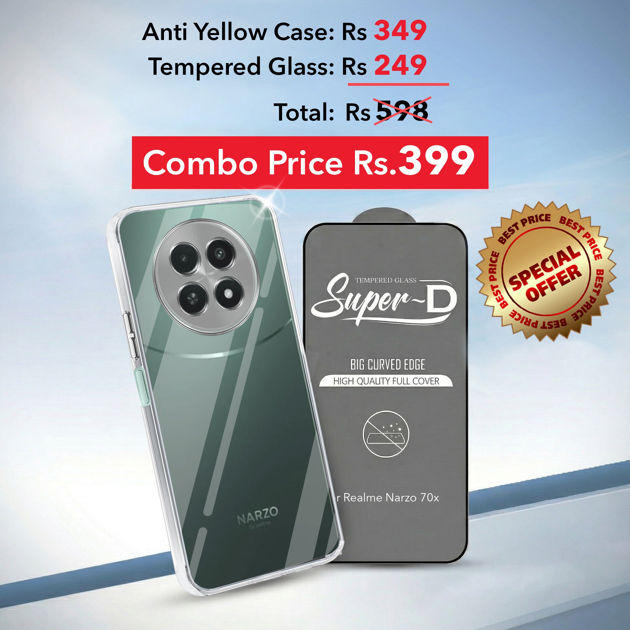 For Realme Narzo 70x 5G Combo with Back Cover and 9H Tempered Glass (Lifetime Anti-Yellow | Sleek Hard Crystal | Oleophobic Coating Screen Glass)