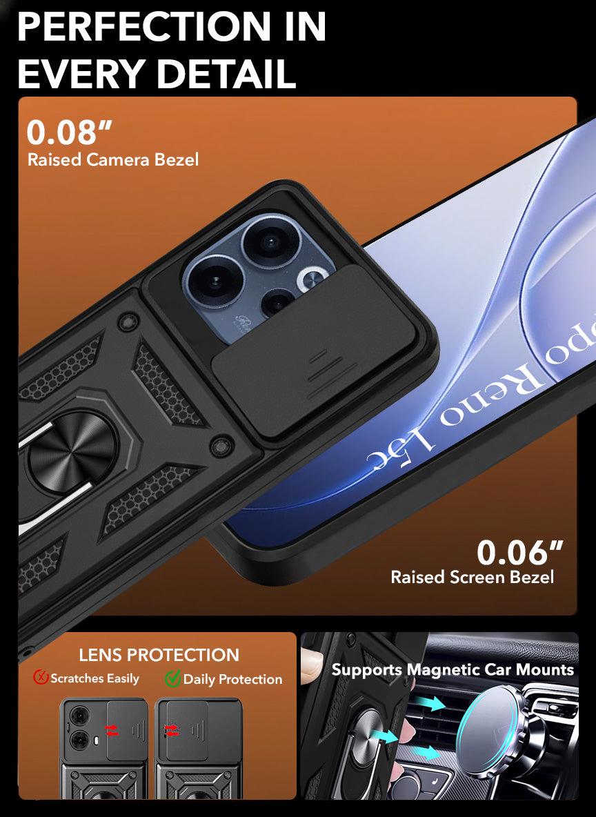 For Oppo Reno 15c Back Cover Case Hybrid Armor (Sliding Shutter Camera Protection | Polycarbonate |Ring Holder Kickstand)