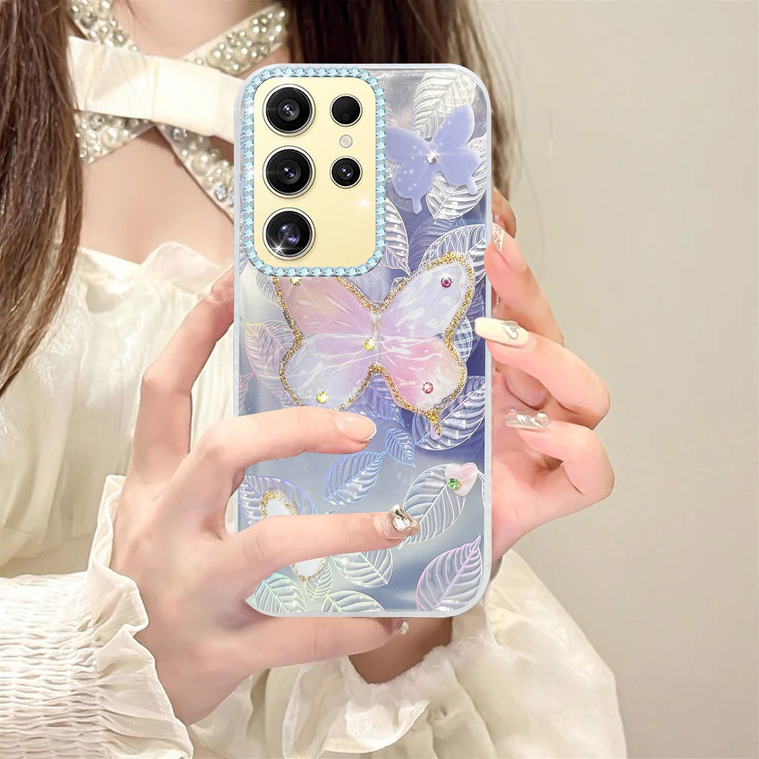 For Samsung Galaxy S24 Ultra Back Cover Case (Luxury Floral Glitter Cute Butterfly | Diamond Studded Camera Bump | Girls & Women Design)