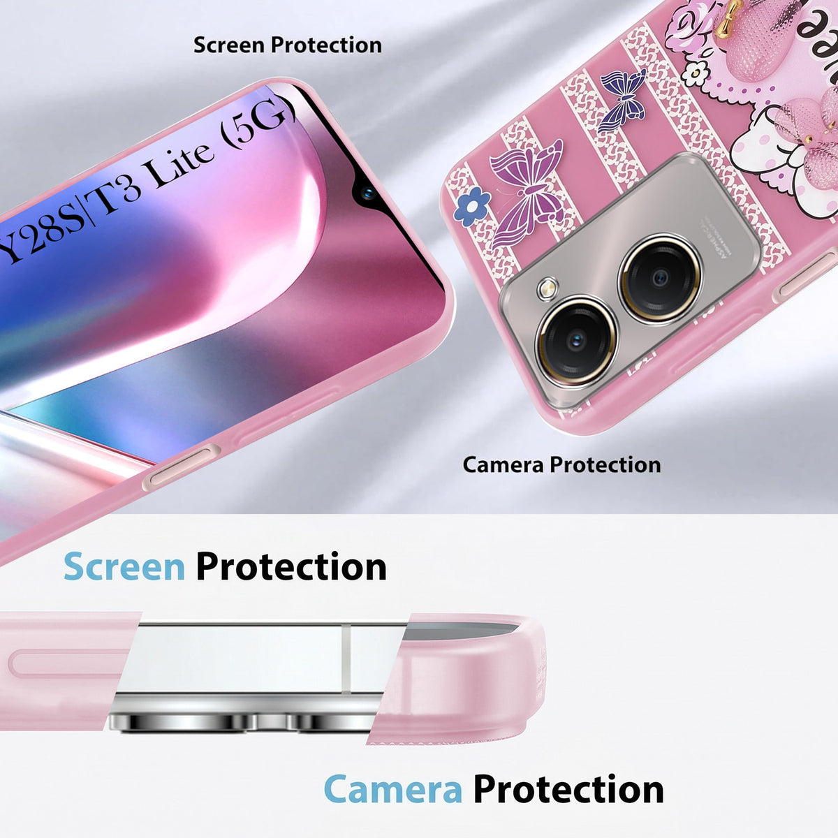 For Vivo Y28s 5G | Vivo T3 Lite 5G Back Cover Case (3D Cute Heart Strap Holder | Camera Protection | Designer Girls Print)
