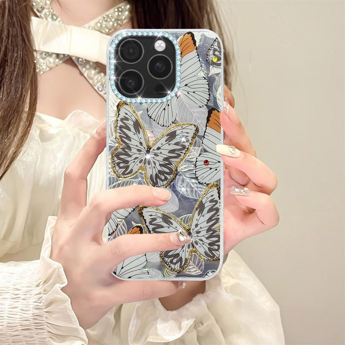 For iPhone 16 Pro Max Back Cover Case (Luxury Floral Glitter Cute Butterfly | Diamond Studded Camera Bump | Girls & Women Design)