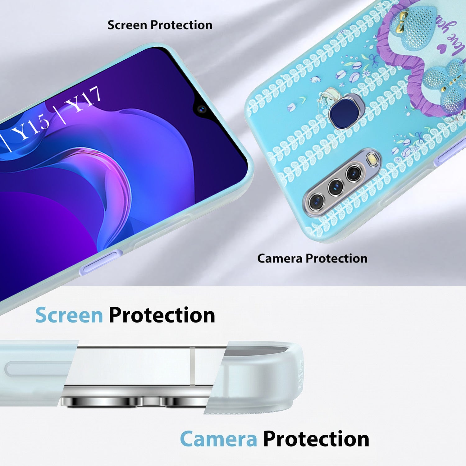 For Vivo Y12 | Y15 | Y17 Back Cover Case (3D Cute Heart Strap Holder | Camera Protection | Designer Girls Print)