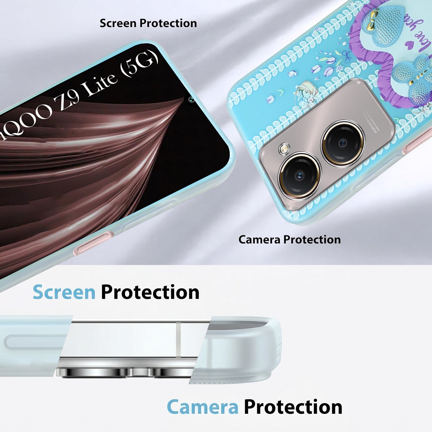 For Vivo iQOO Z9 Lite 5G Back Cover Case (3D Cute Heart Strap Holder | Camera Protection | Designer Girls Print)