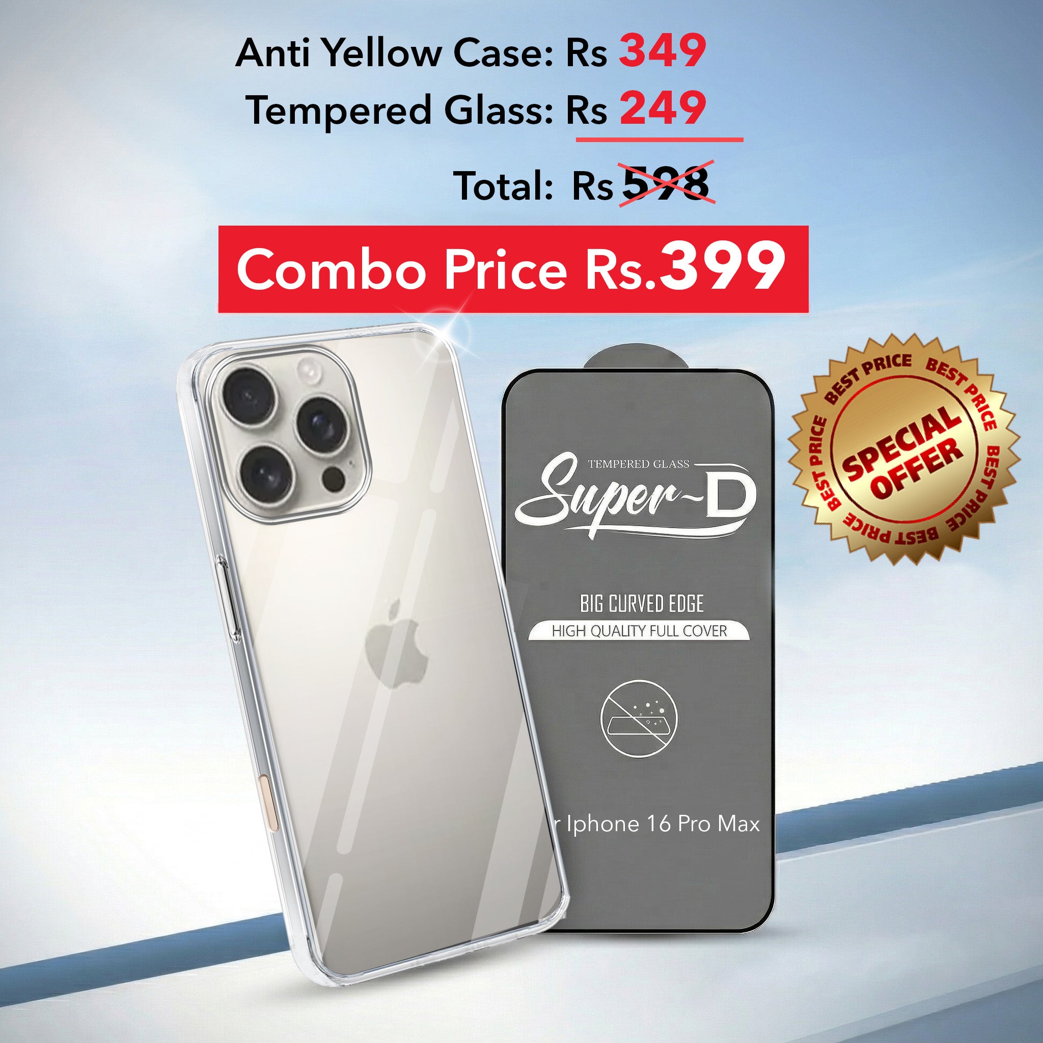 For Apple iPhone 16 Pro Max Combo with Back Cover and 9H Tempered Glass (Lifetime Anti-Yellow | Sleek Hard Crystal | Oleophobic Coating Screen Glass)