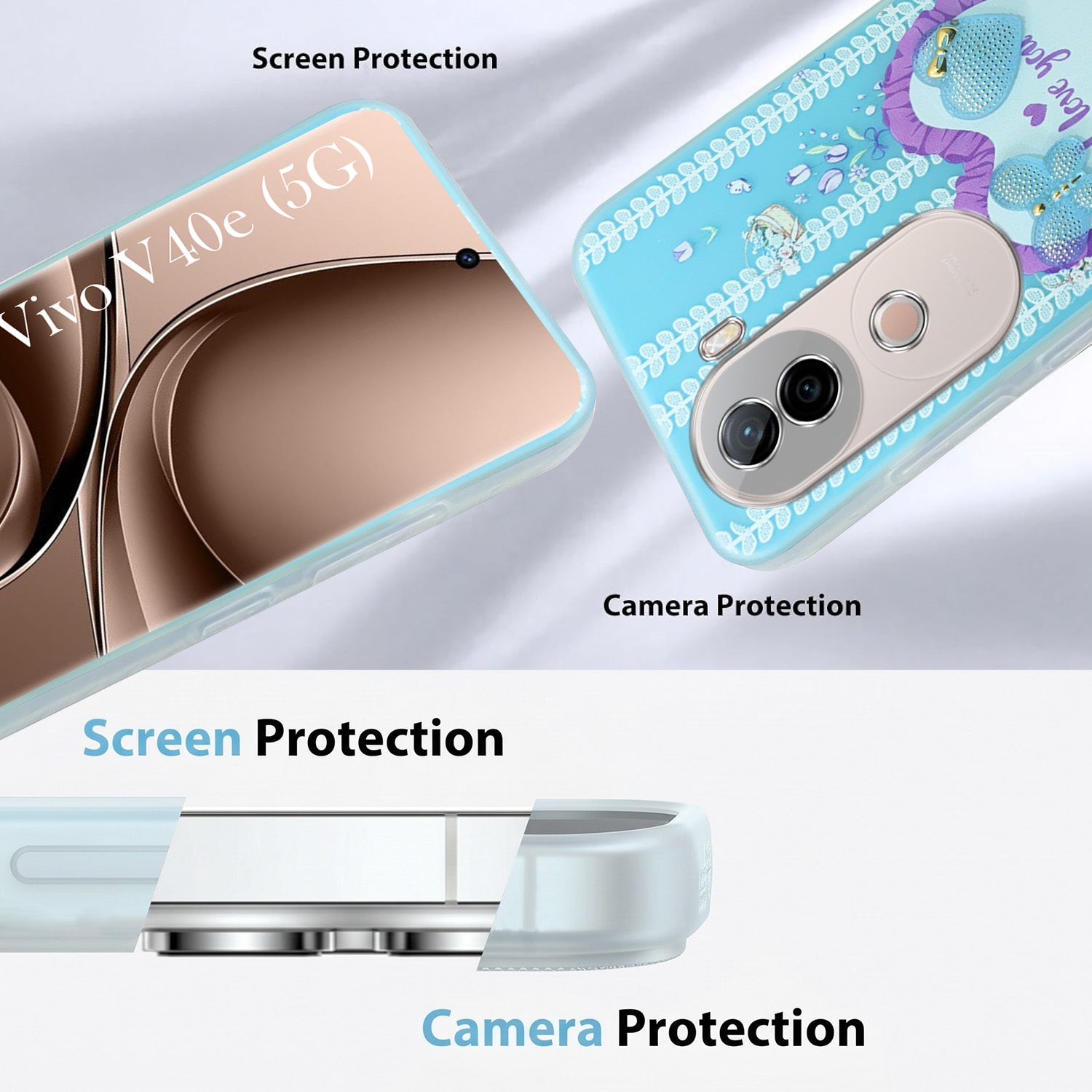 For Vivo V40e Back Cover Case (3D Cute Heart Strap Holder | Camera Protection | Designer Girls Print)