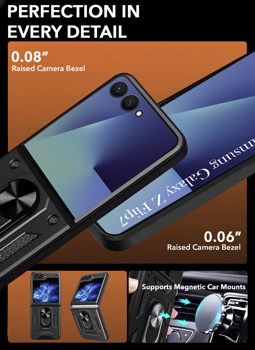 For Samsung Galaxy Z Flip 7 Hybrid Armor (Sliding Shutter Camera Protection | Polycarbonate |Ring Holder Kickstand)